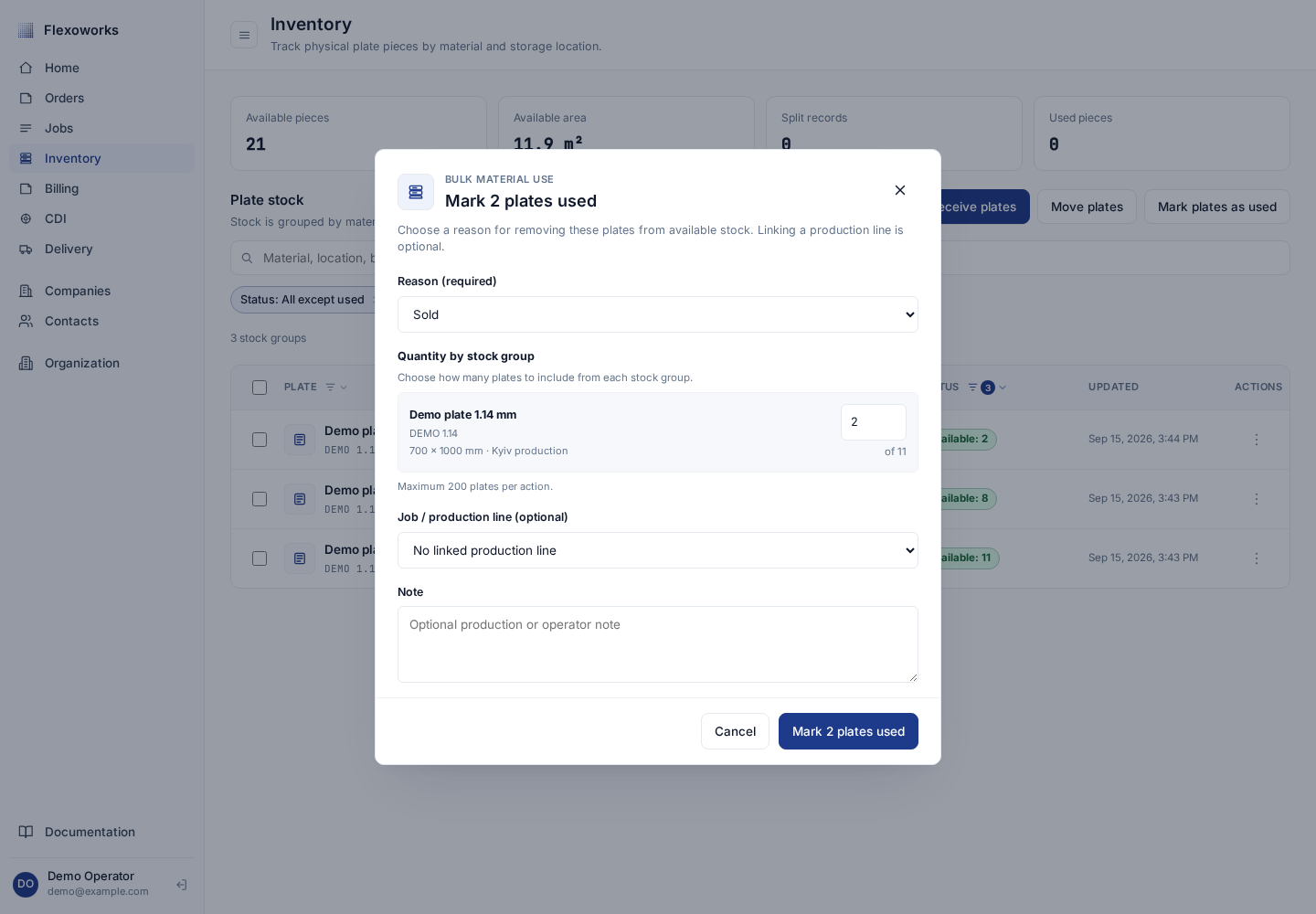 Mark plates used dialog with Sold selected and no linked production line