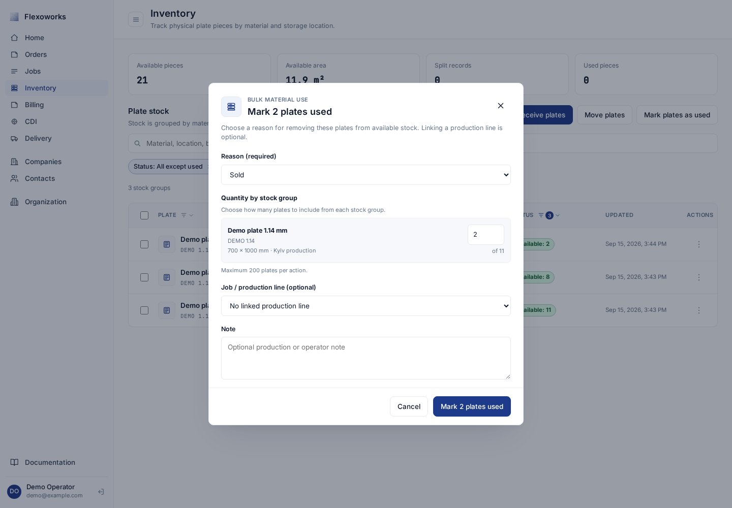 Mark plates used dialog with Sold selected and no linked production line