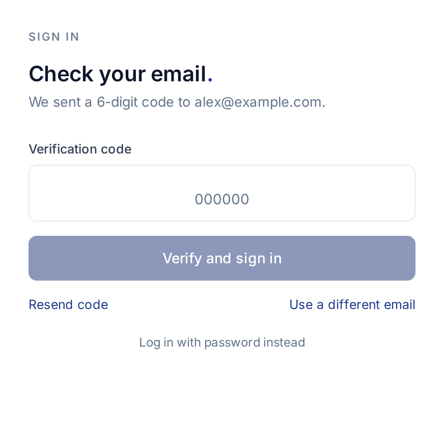 English Check your email screen with the verification code field, Verify and sign in, Resend code, Use a different email, and Log in with password instead