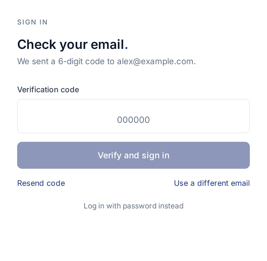 English Check your email screen with the verification code field, Verify and sign in, Resend code, Use a different email, and Log in with password instead