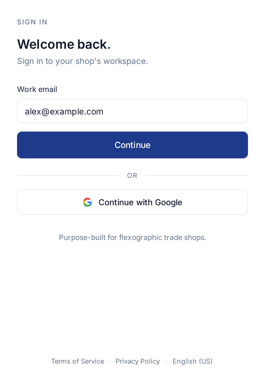 English Flexoworks login page with Work email, Continue, Continue with Google, and the language selector
