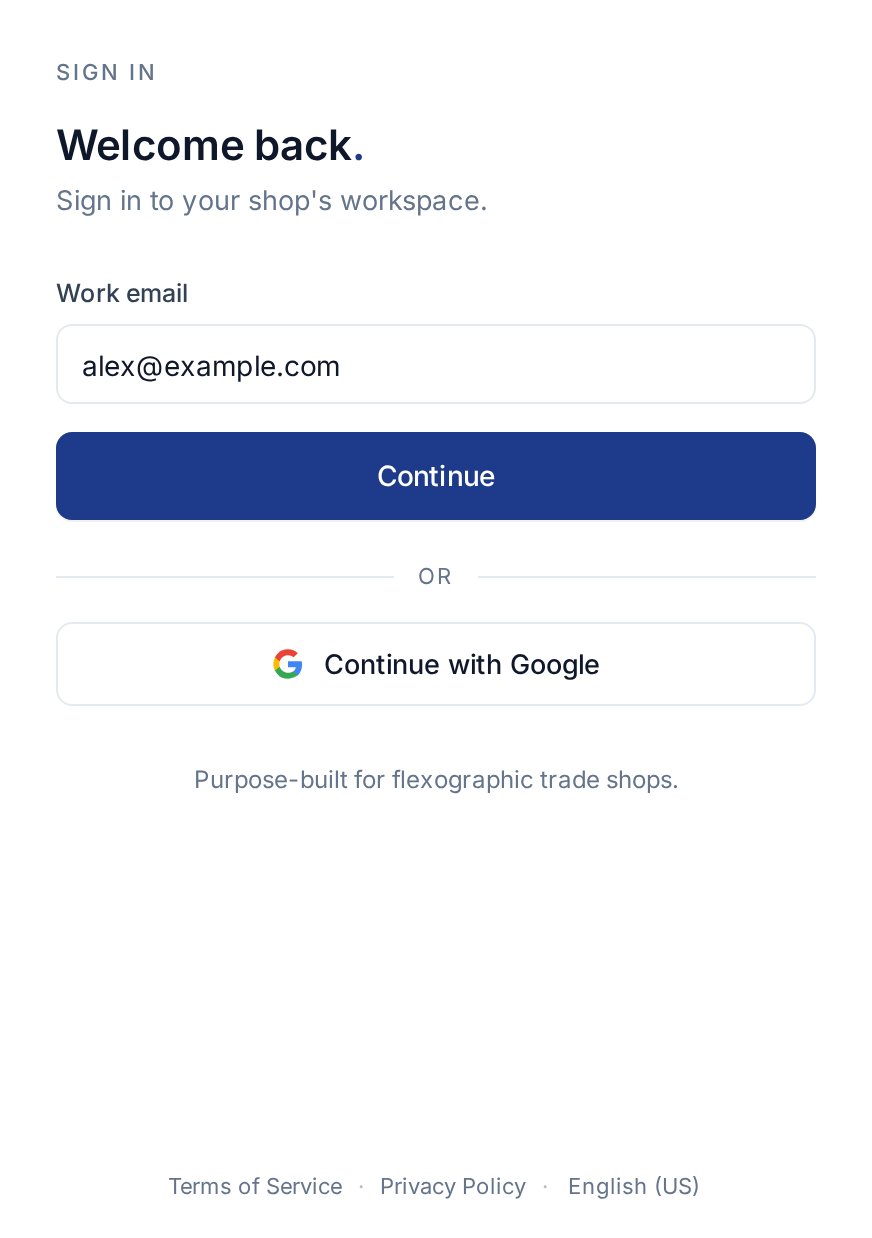 English Flexoworks login page with Work email, Continue, Continue with Google, and the language selector