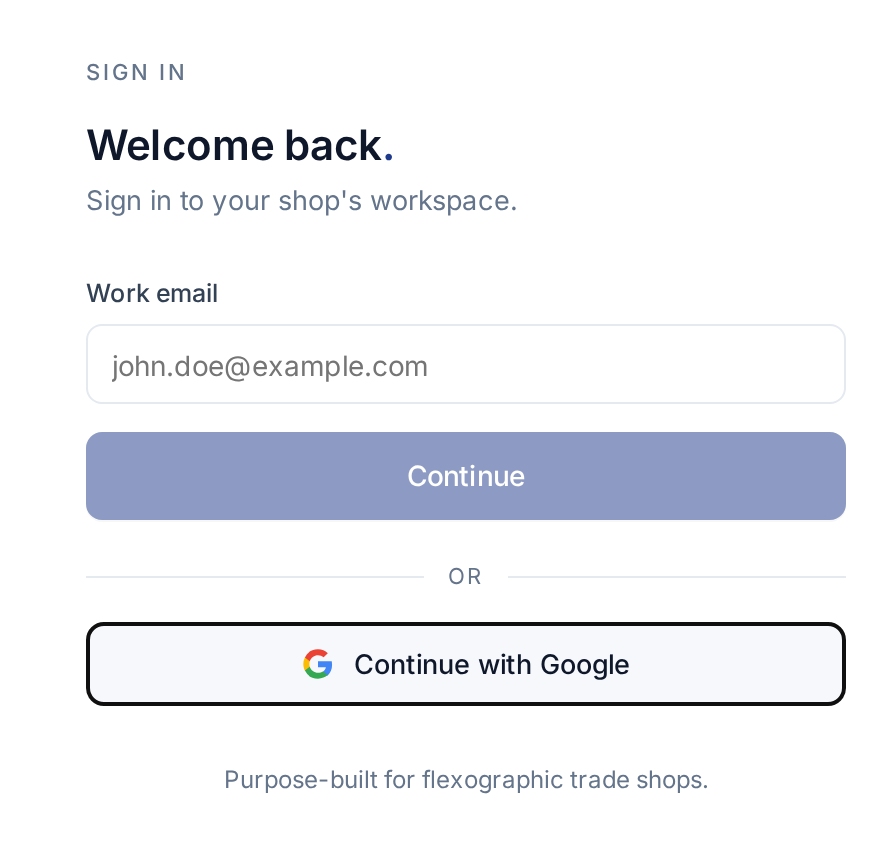English Flexoworks login form with the Continue with Google button focused