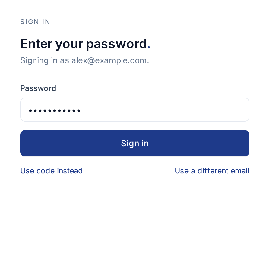English Enter your password screen showing the account email, Password field, Sign in, Use code instead, and Use a different email