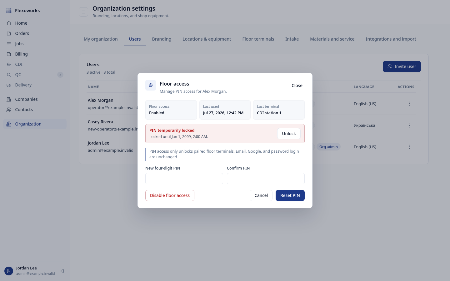 Manage floor access dialog showing a temporarily locked PIN, lock-until time, and Unlock action