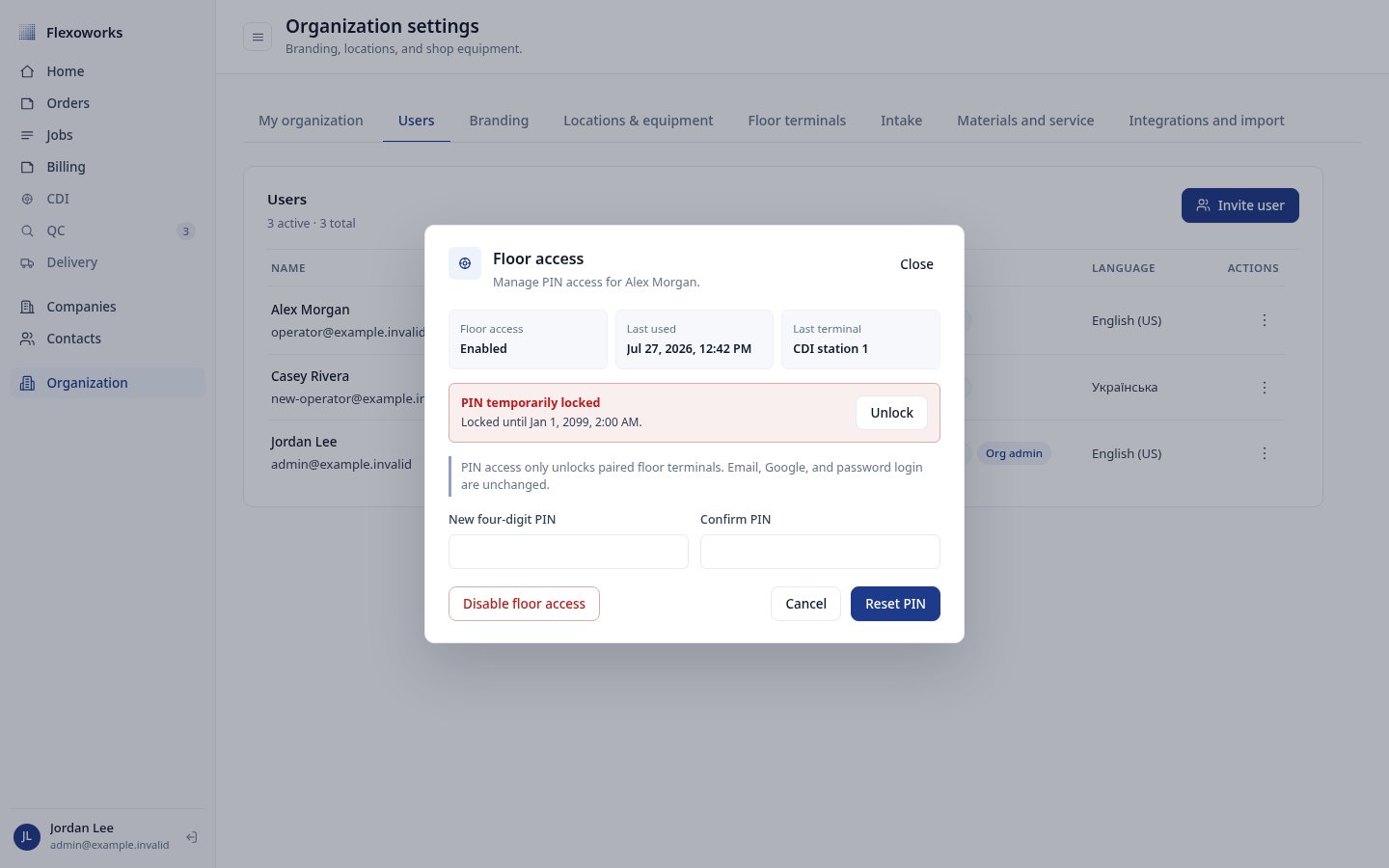 Manage floor access dialog showing a temporarily locked PIN, lock-until time, and Unlock action