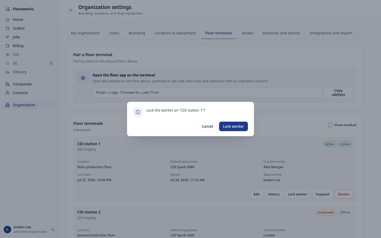 Confirmation dialog for remotely locking the worker on a floor terminal