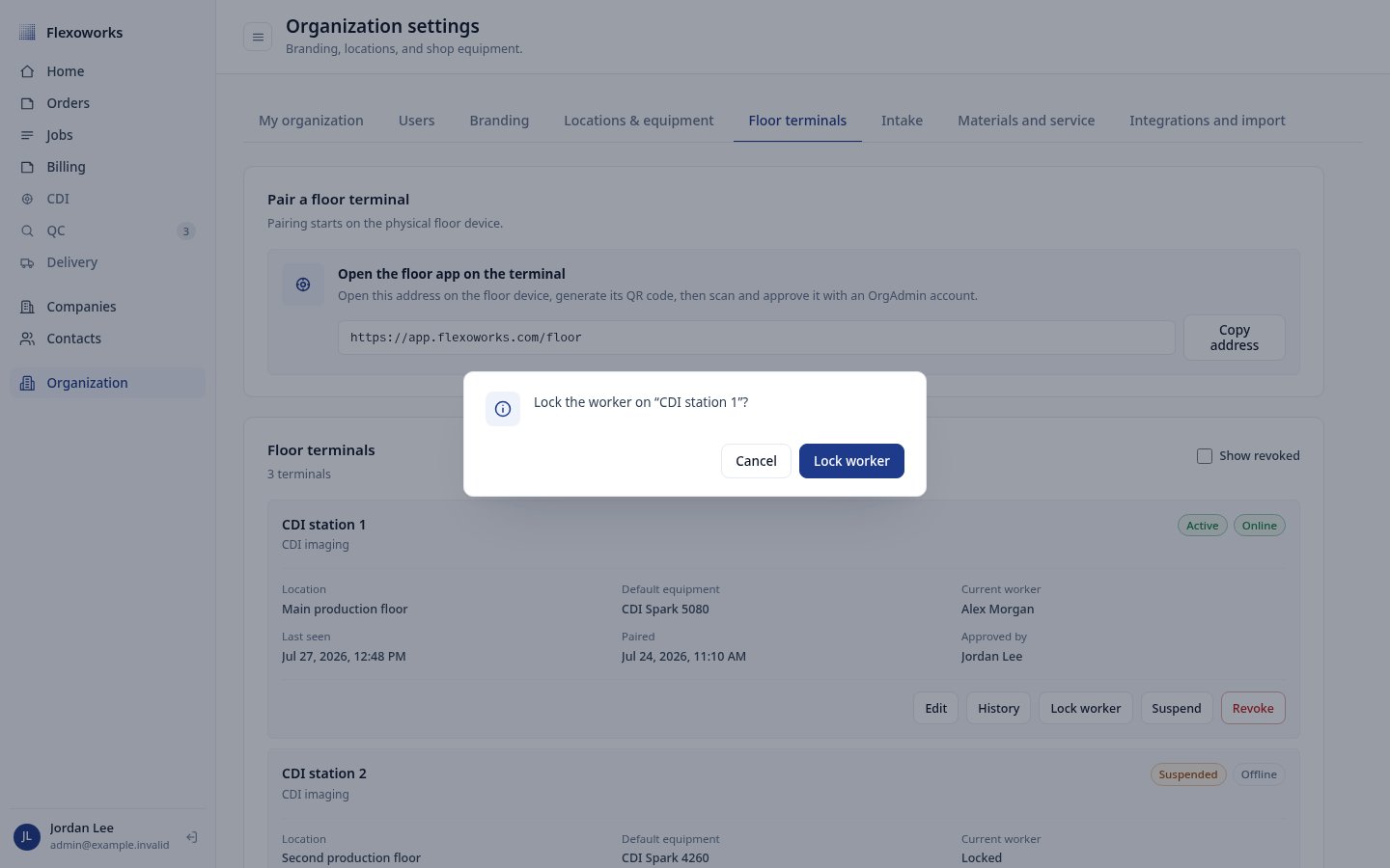 Confirmation dialog for remotely locking the worker on a floor terminal