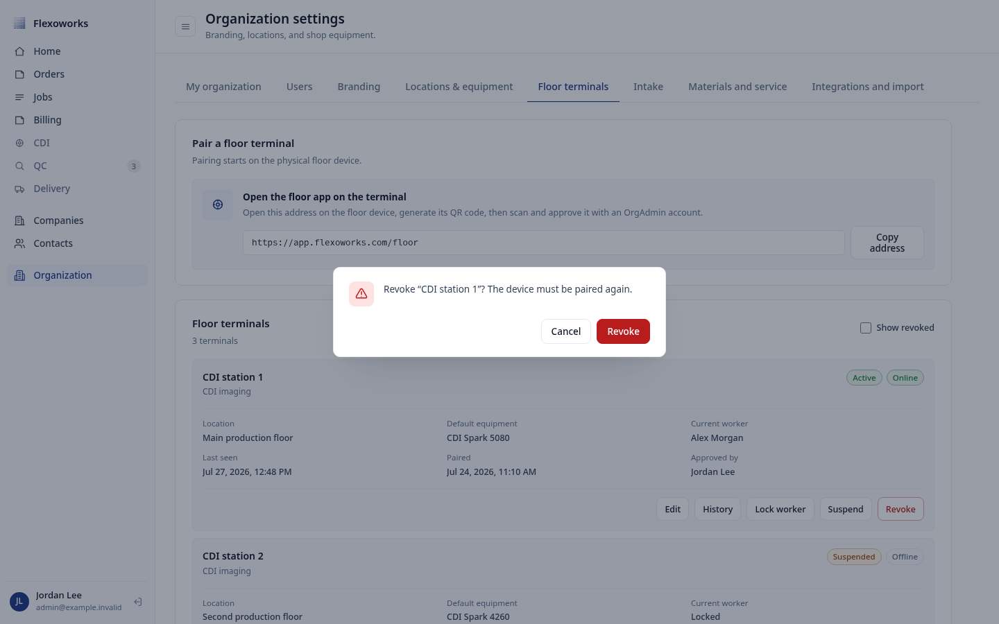 Confirmation dialog warning that revoking a terminal requires new pairing