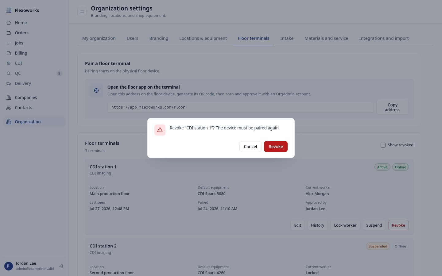 Confirmation dialog warning that revoking a terminal requires new pairing
