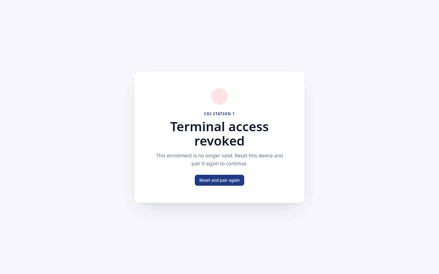 Revoked floor terminal screen with the Reset and pair again action