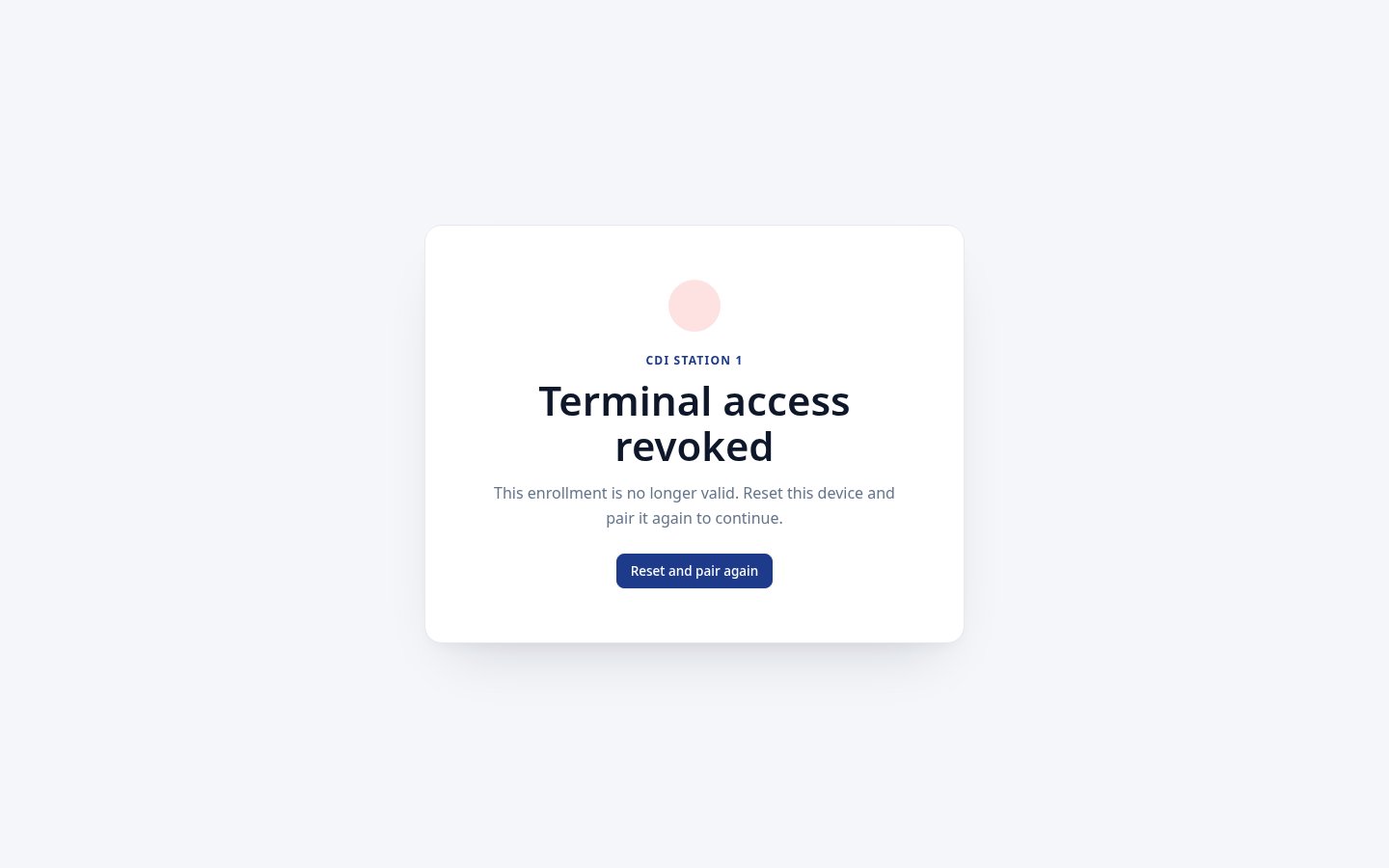 Revoked floor terminal screen with the Reset and pair again action