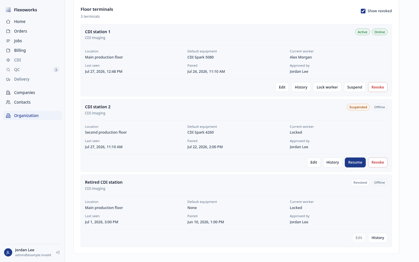 Floor terminal list with Show revoked selected and a revoked terminal visible
