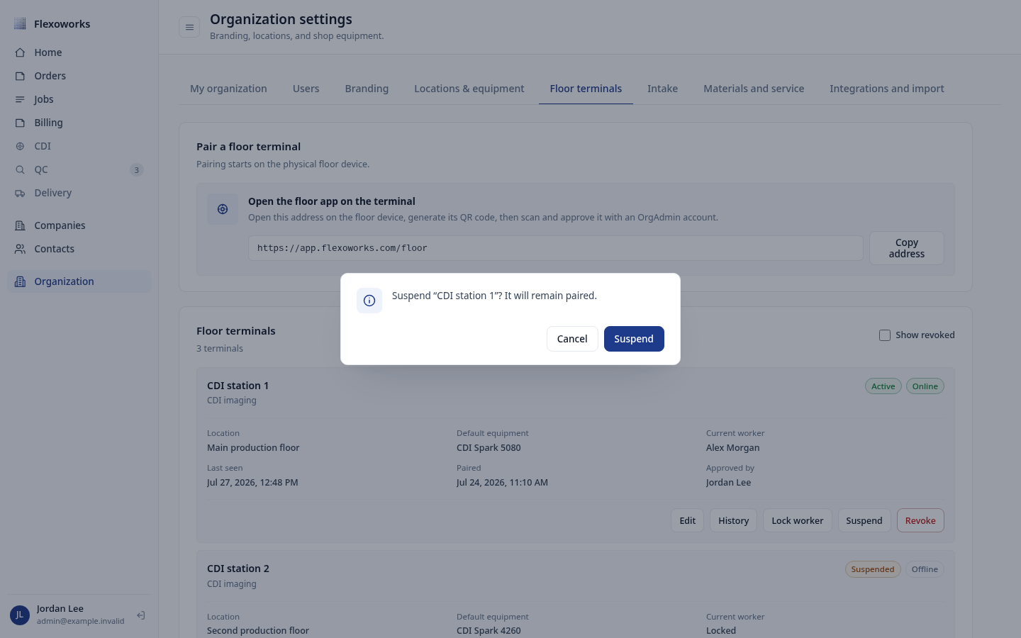 Confirmation dialog explaining that a suspended terminal remains paired
