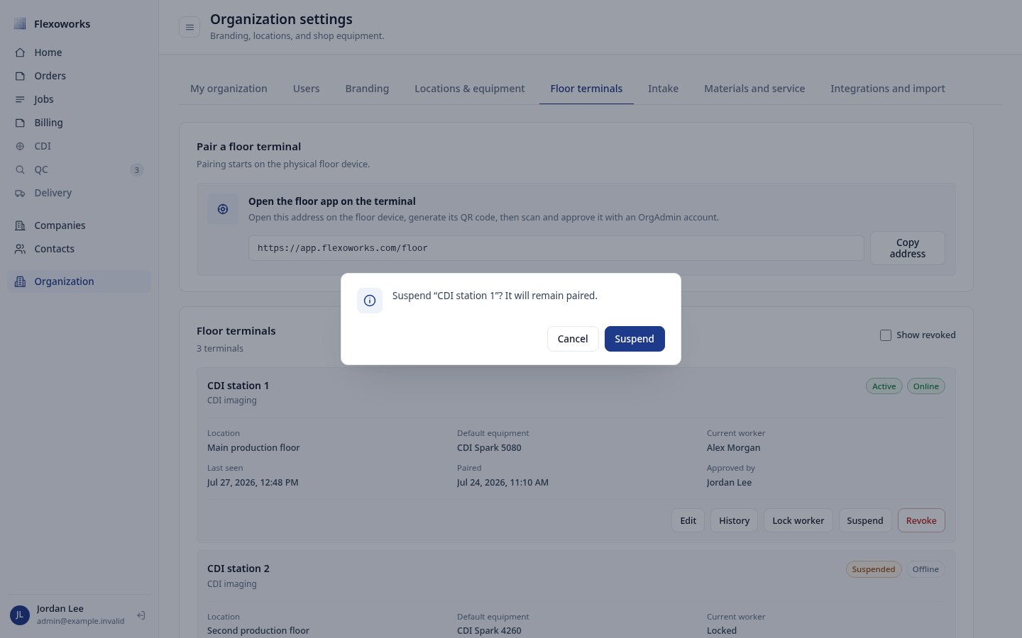 Confirmation dialog explaining that a suspended terminal remains paired
