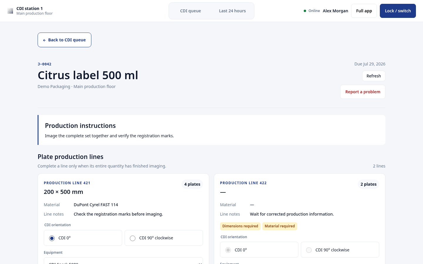 Floor job page with job details, production instructions, and plate production lines