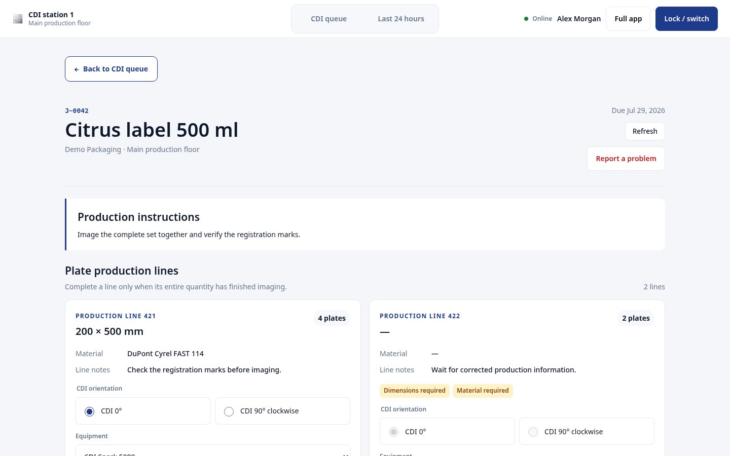 Floor job page with job details, production instructions, and plate production lines