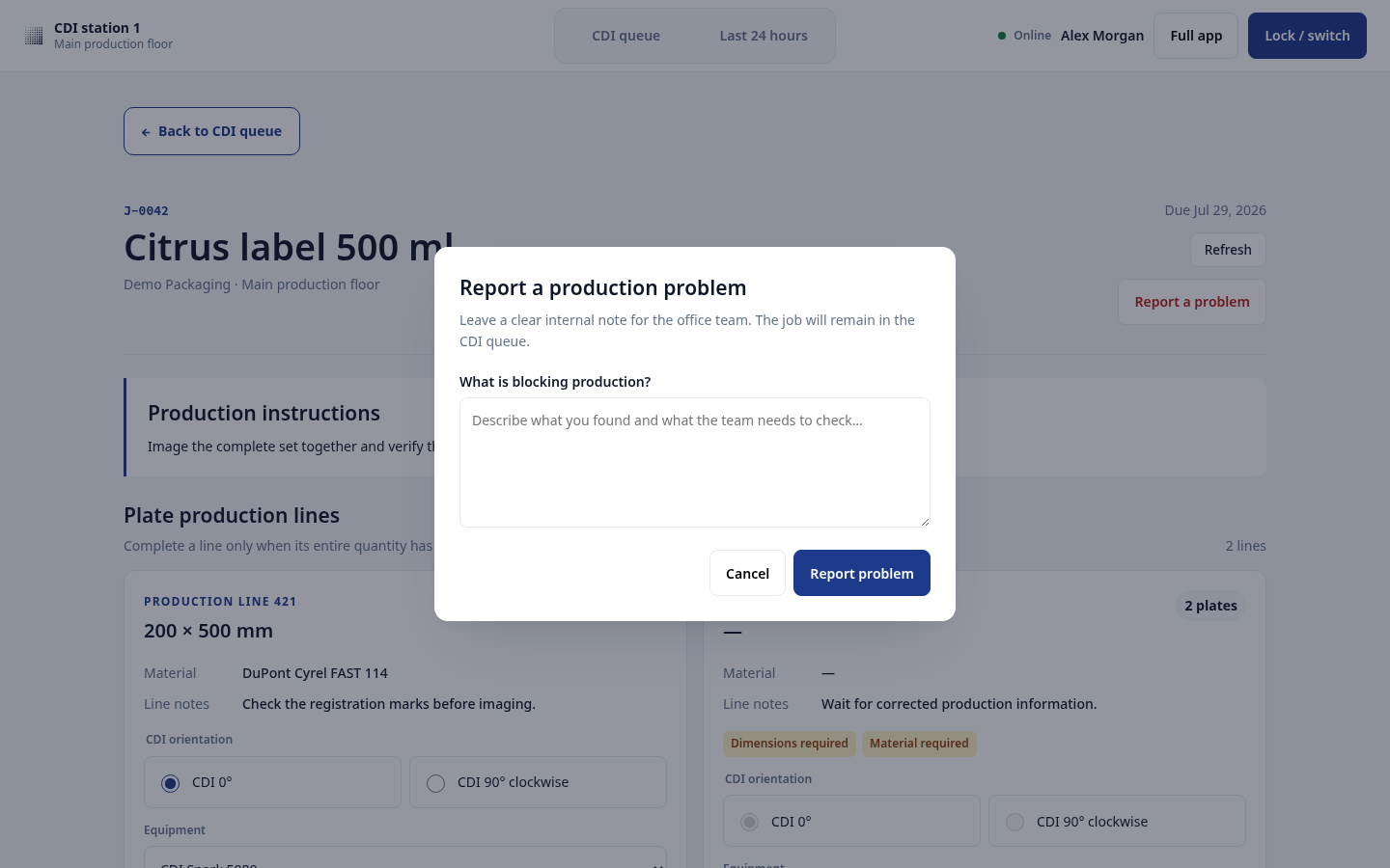 Report a production problem dialog with a note describing what is blocking production