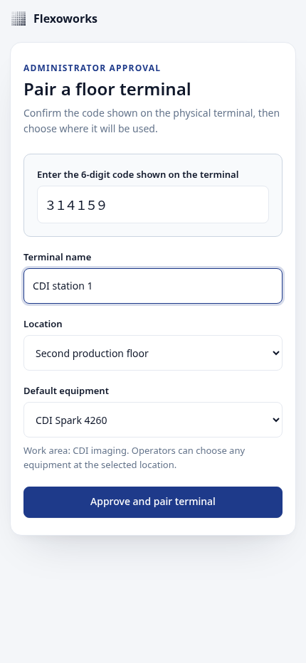 Floor terminal approval form with terminal name, location, and default equipment selections