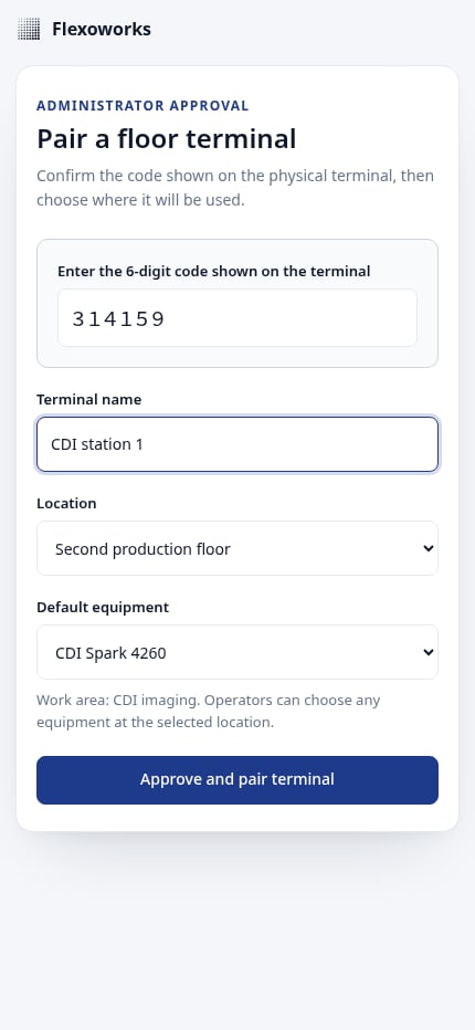 Floor terminal approval form with terminal name, location, and default equipment selections