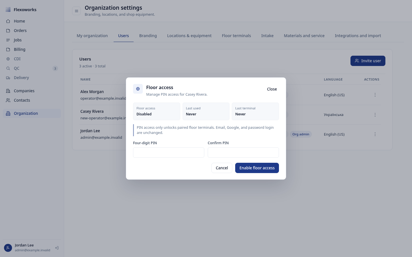 Floor access dialog with PIN and confirmation fields