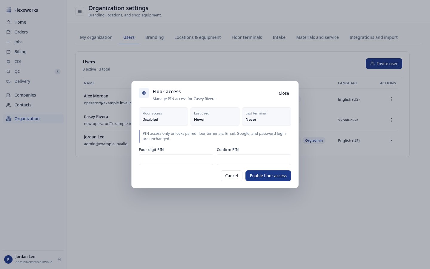Floor access dialog with PIN and confirmation fields