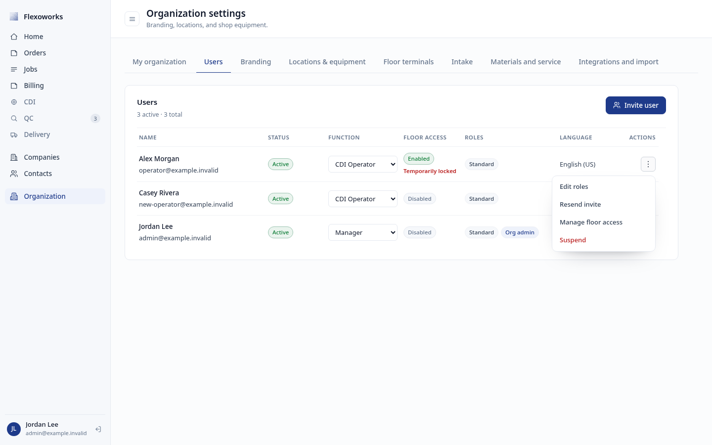 User action menu with Manage floor access selected