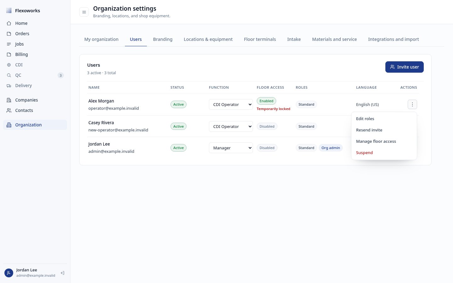 User action menu with Manage floor access selected