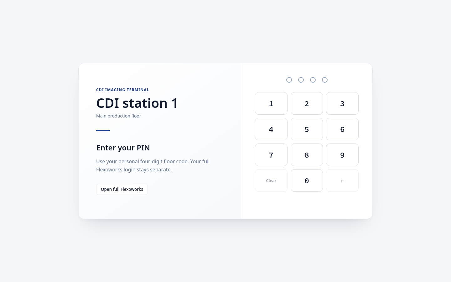 Paired CDI floor terminal showing its name, location, and four-digit PIN keypad