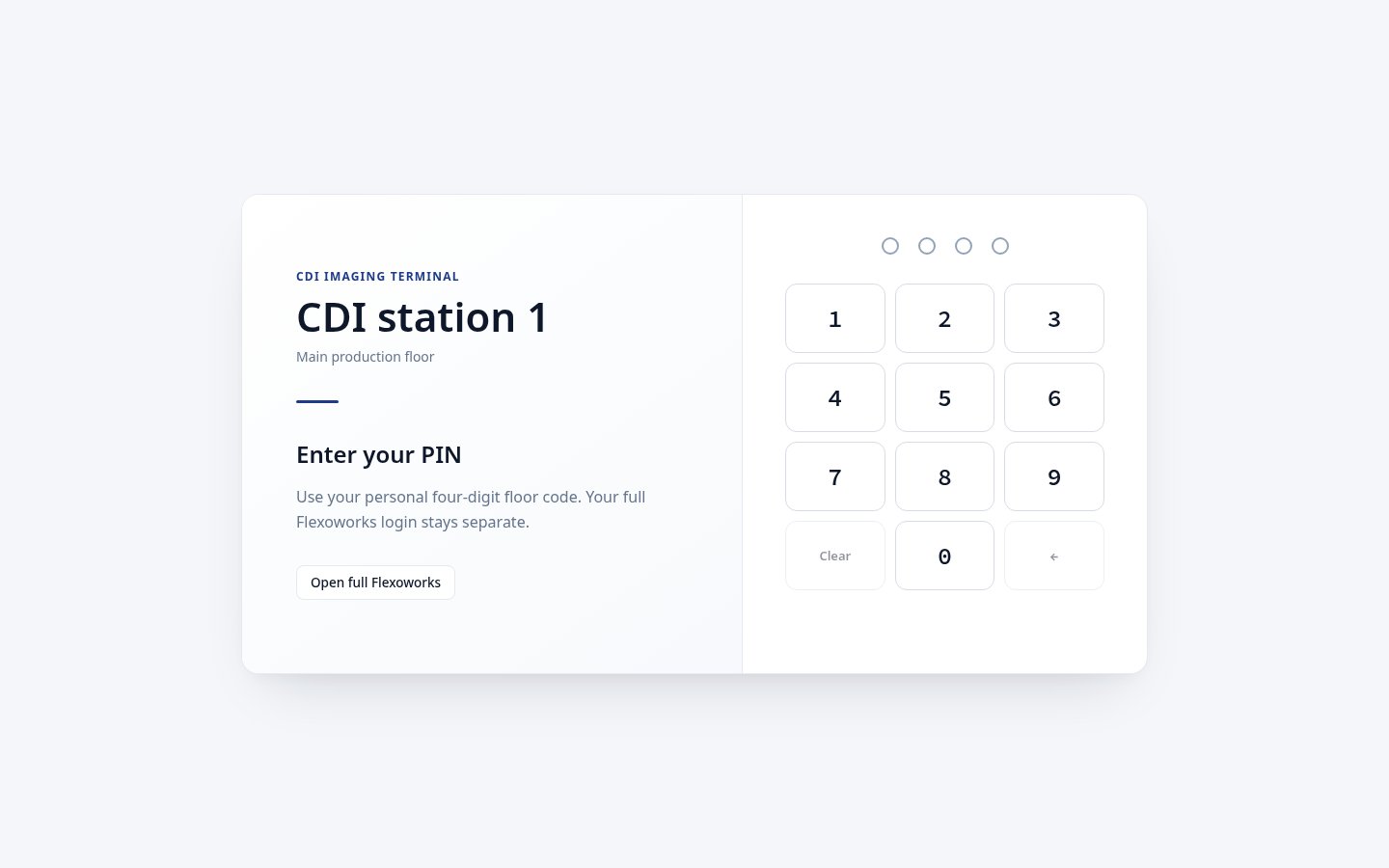 Paired CDI floor terminal showing its name, location, and four-digit PIN keypad