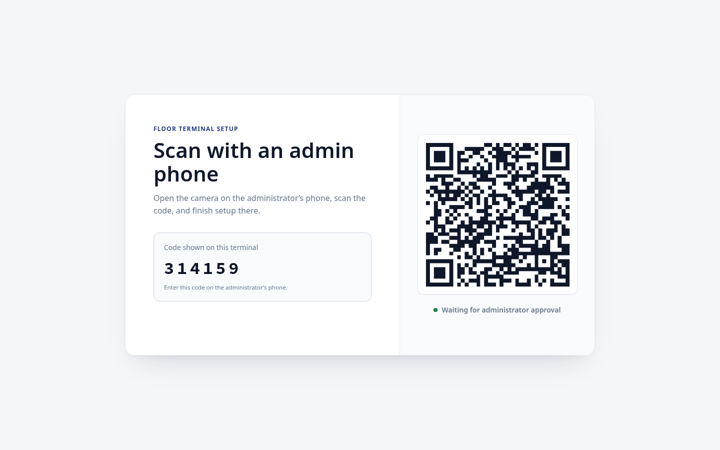 Floor terminal pairing screen with a QR code, six-digit comparison code, and waiting status