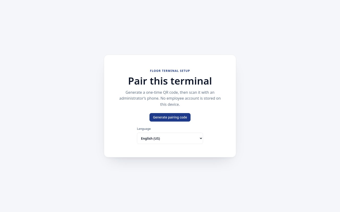 Unpaired floor terminal setup screen with English and Ukrainian language options