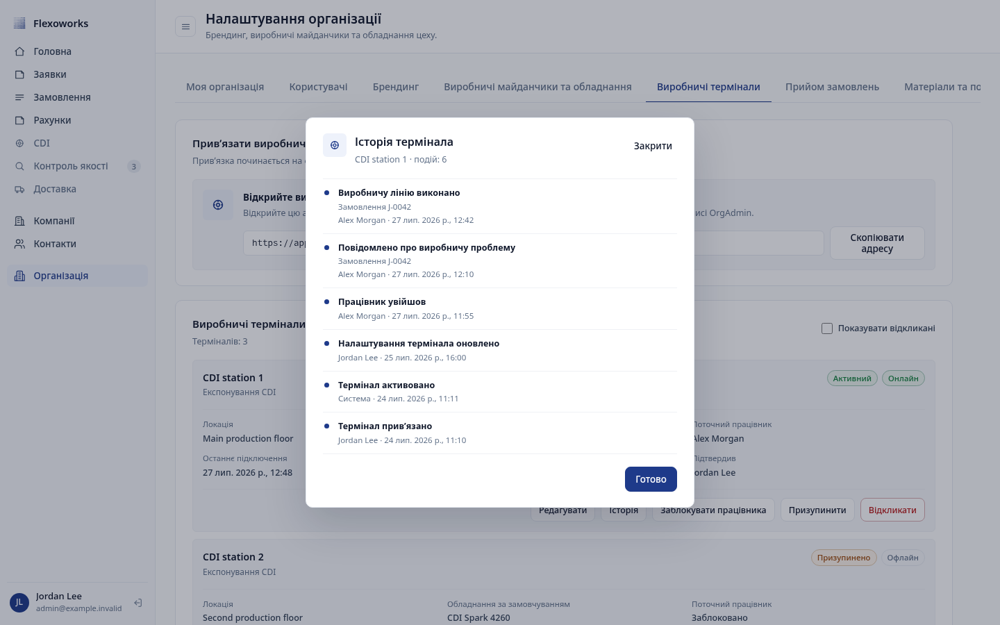 Історія термінала з подіями прив’язки, входу працівника, виконання лінії та дій адміністратора