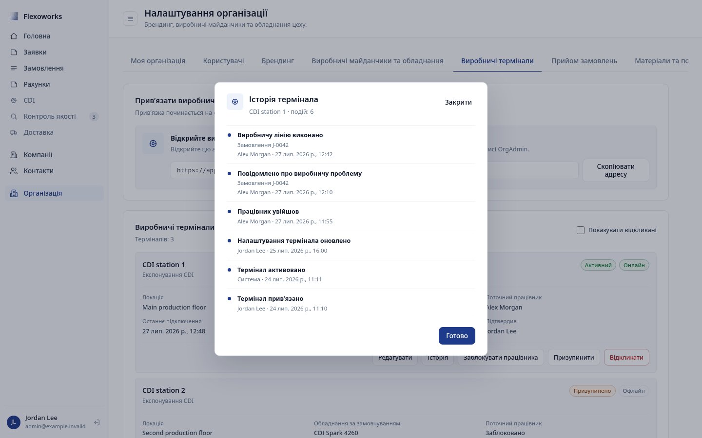 Історія термінала з подіями прив’язки, входу працівника, виконання лінії та дій адміністратора