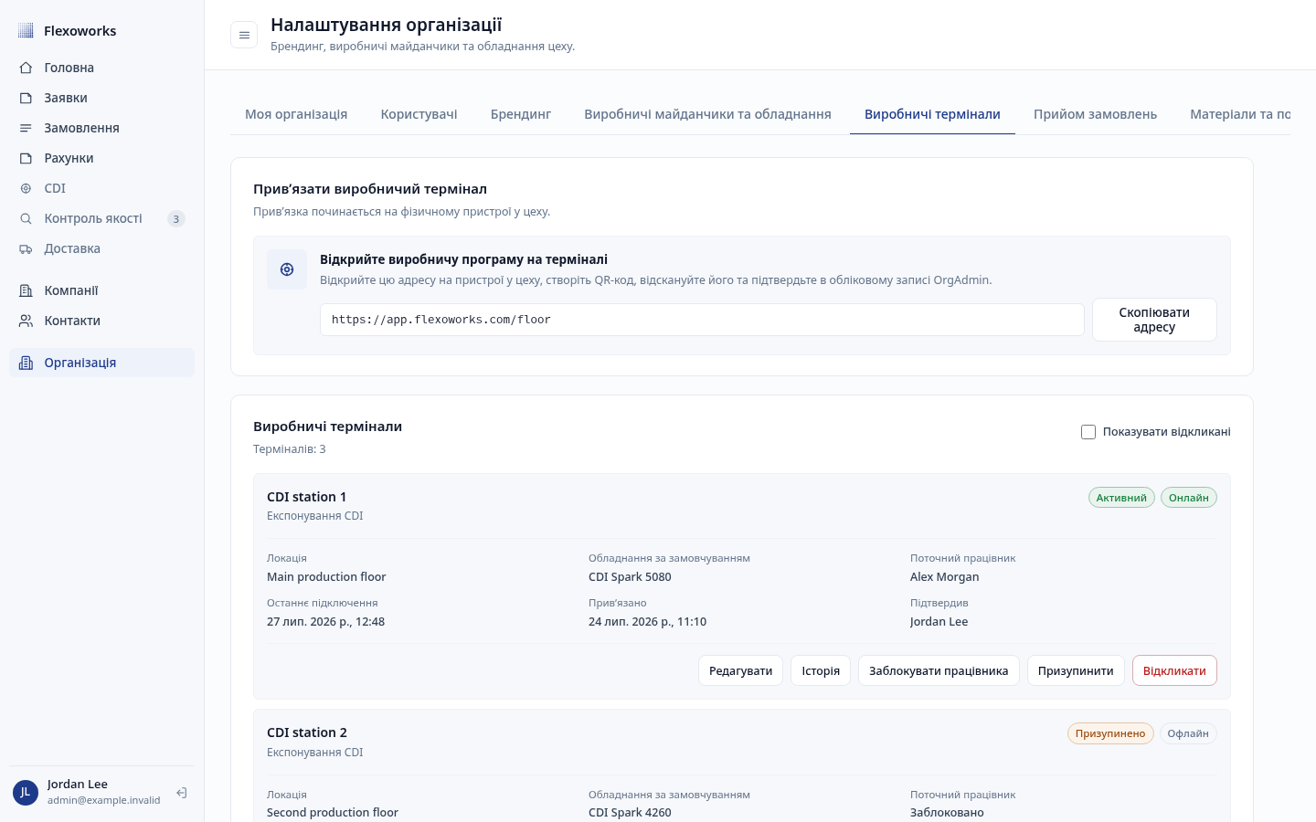 Список виробничих терміналів зі станами, з’єднанням, локацією, обладнанням і поточним працівником