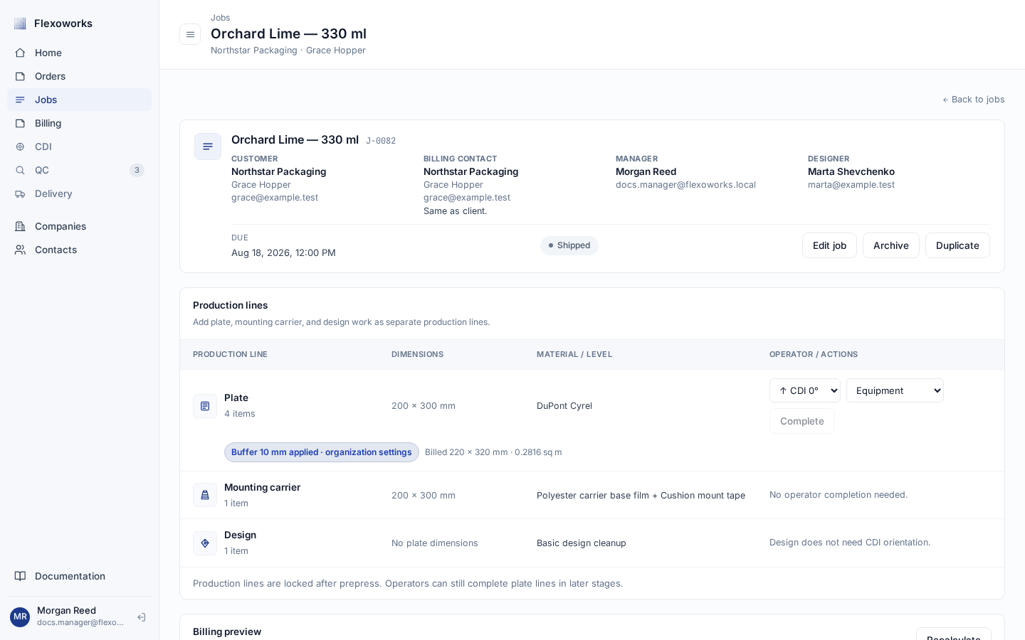 Job in the final Shipped stage with billing information available for invoicing