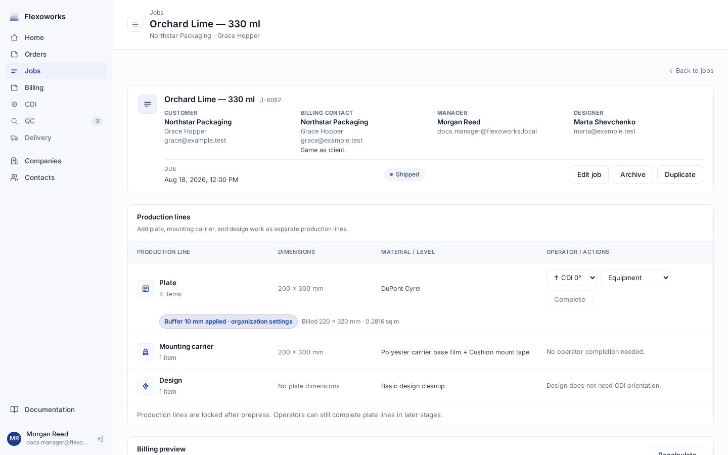 Job in the final Shipped stage with billing information available for invoicing