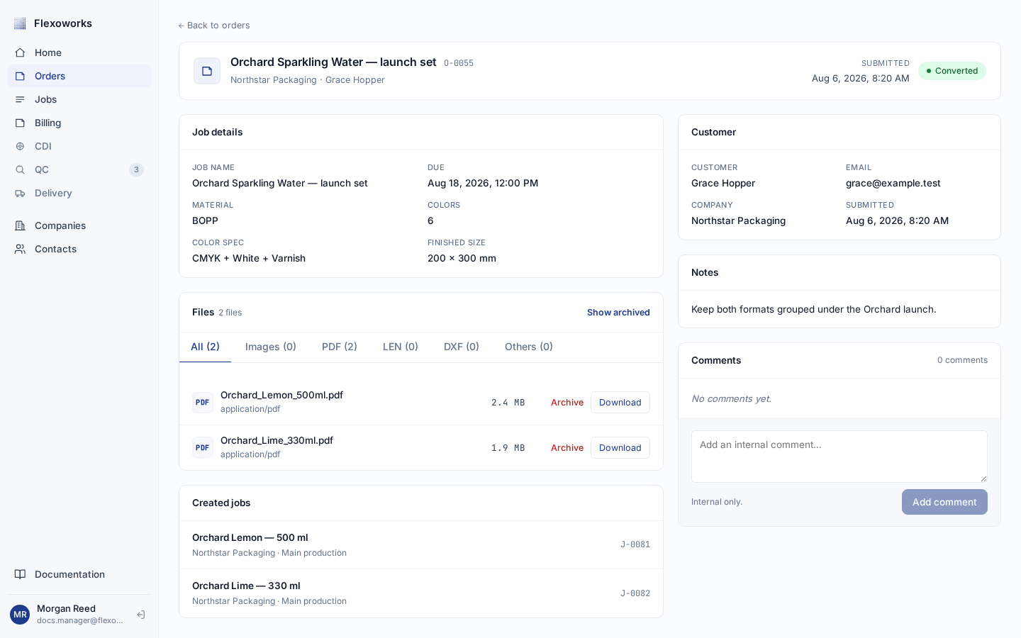English Converted Order details page showing the Converted status and a Created jobs list with J identifiers