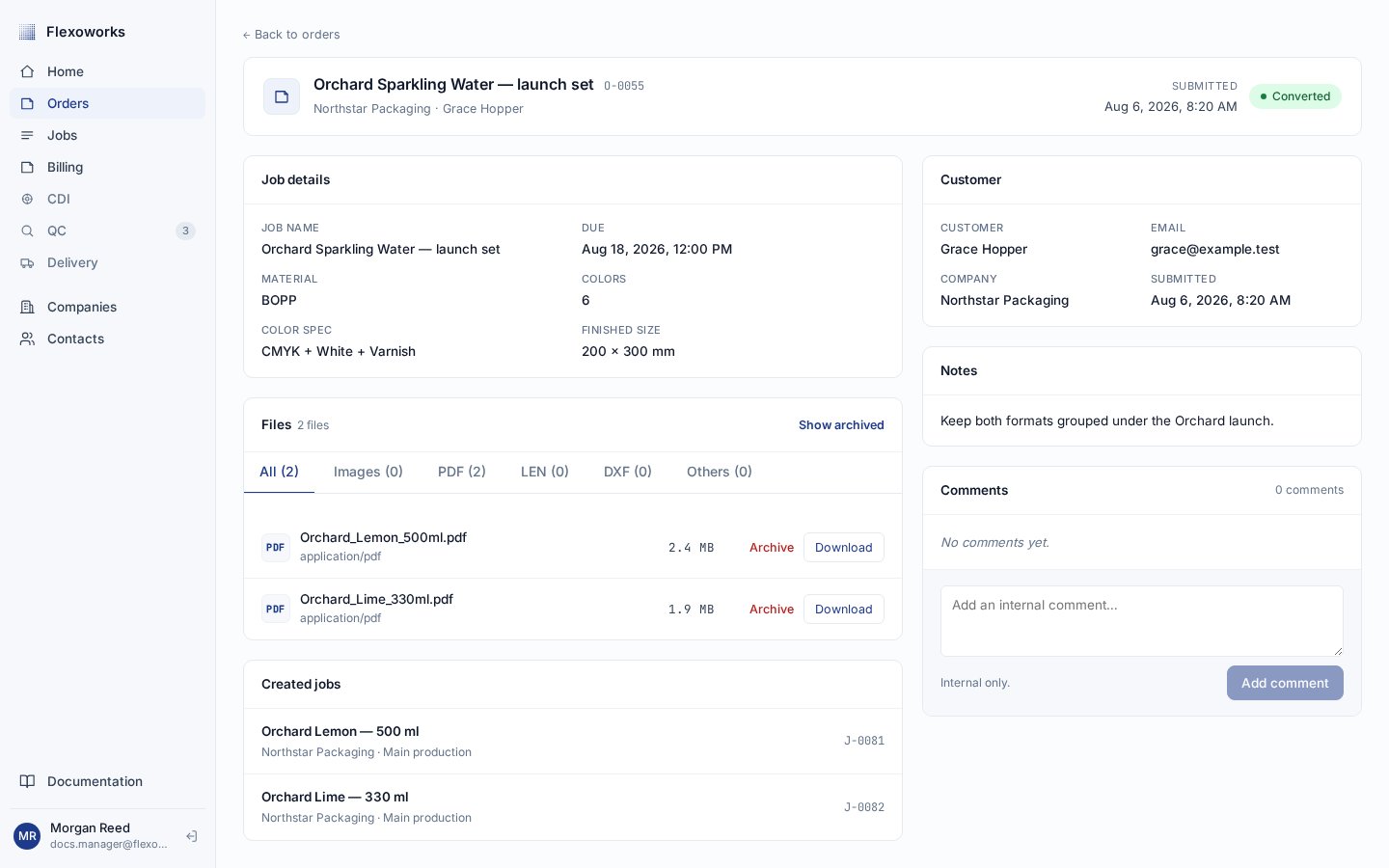 English Converted Order details page showing the Converted status and a Created jobs list with J identifiers
