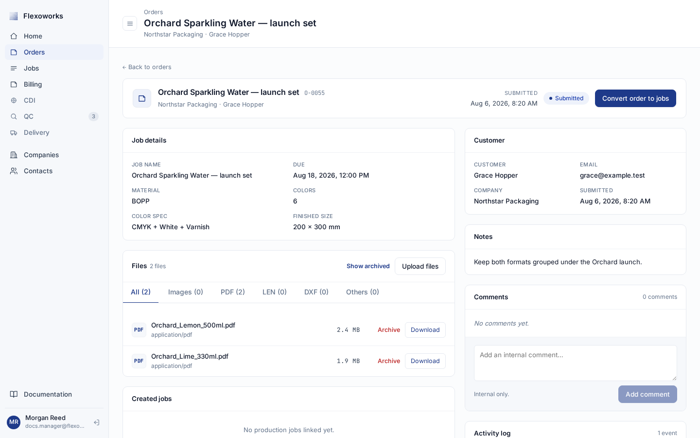 English Order details page showing an O identifier, Submitted status, requested job details, source files, customer, and notes