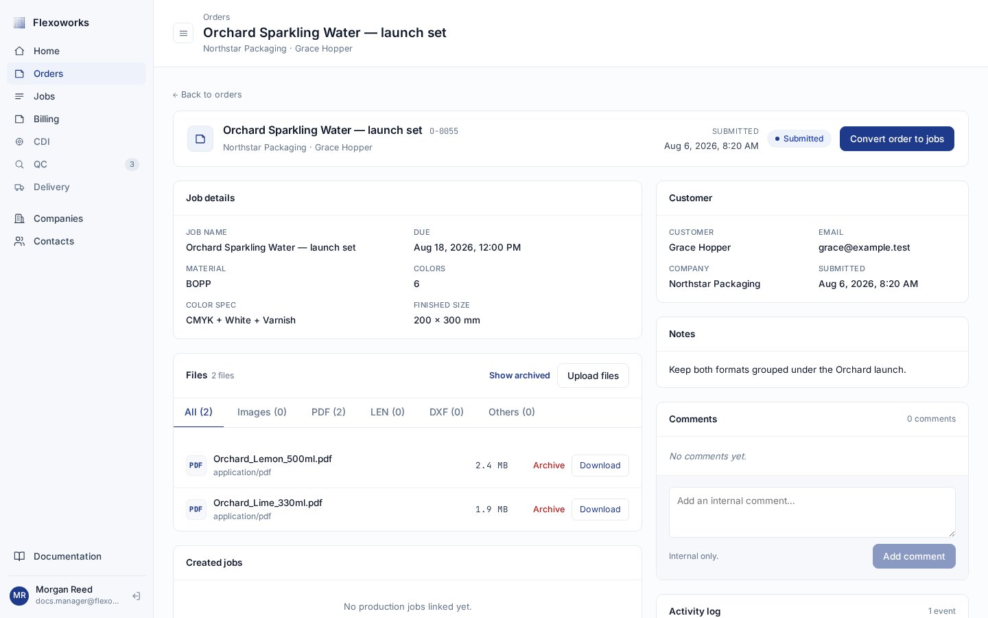English Order details page showing an O identifier, Submitted status, requested job details, source files, customer, and notes