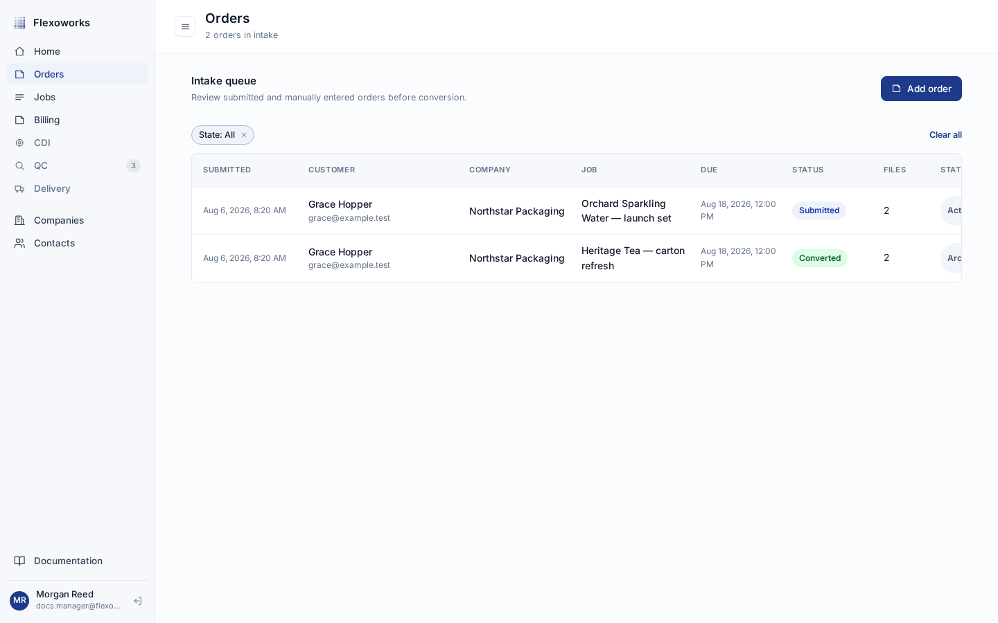 English Flexoworks Orders page with State All selected and Submitted and Converted records in the intake queue