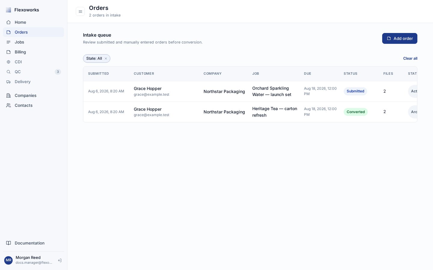 English Flexoworks Orders page with State All selected and Submitted and Converted records in the intake queue