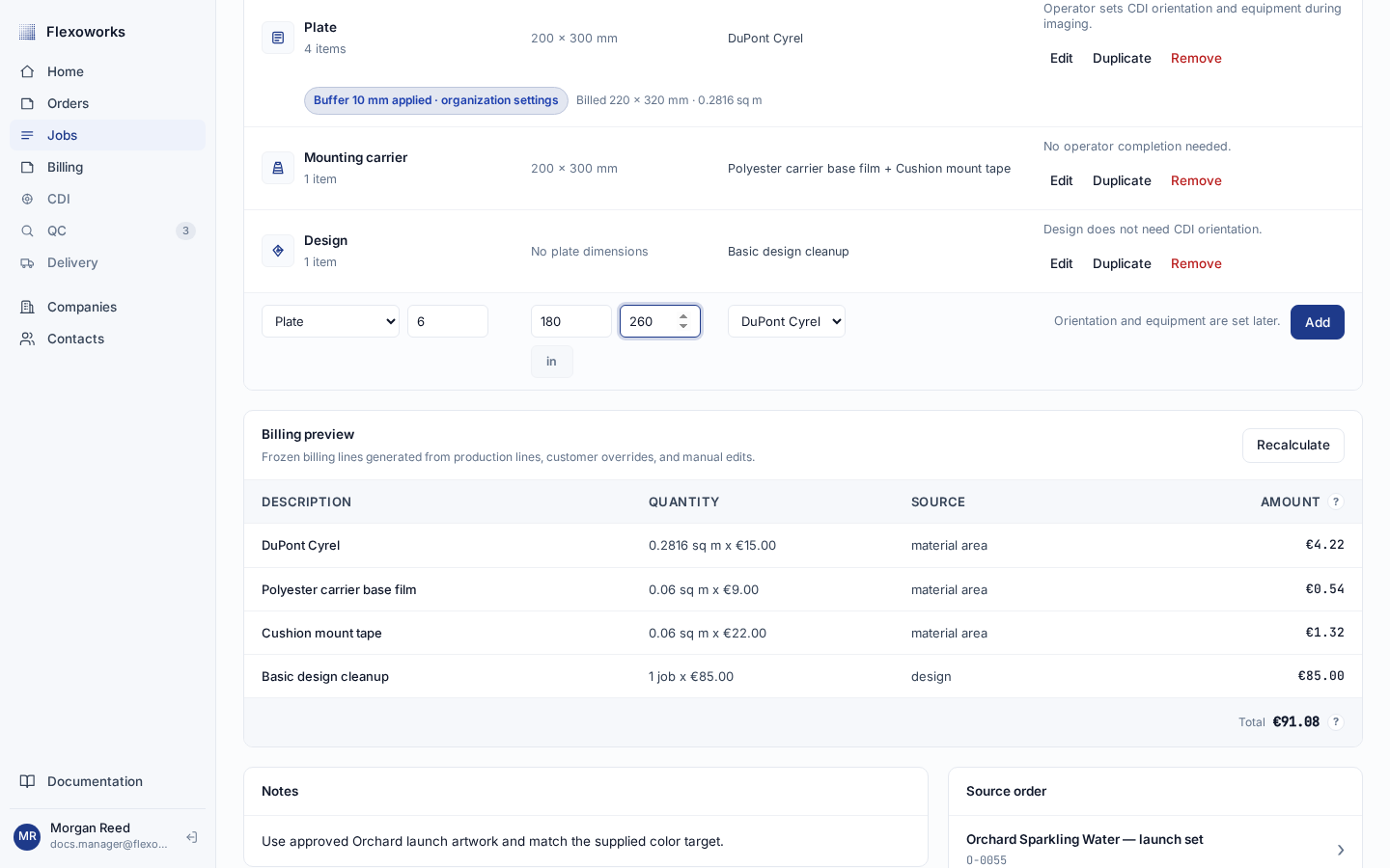 English Billing preview with material and design rows generated from the production lines above