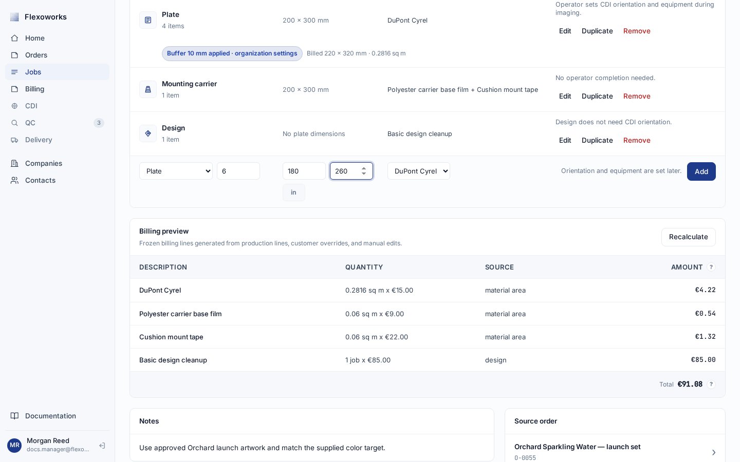 English Billing preview with material and design rows generated from the production lines above