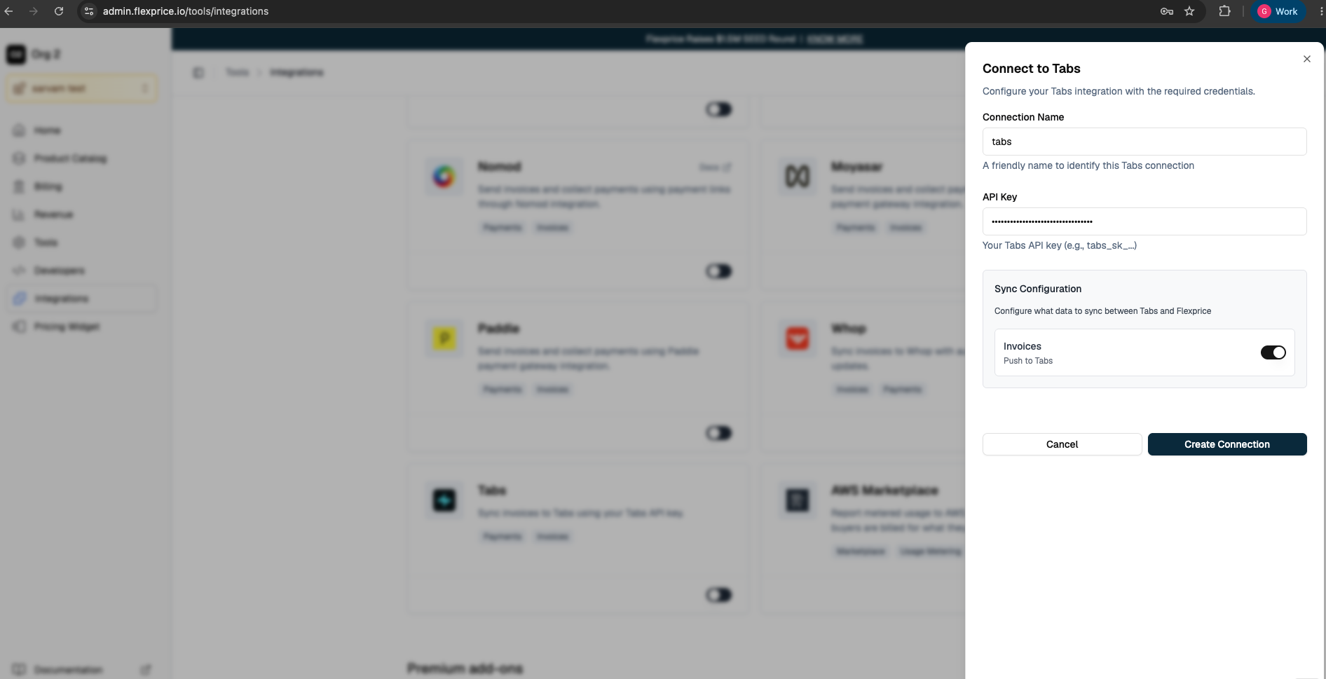 Connect to Tabs in Flexprice