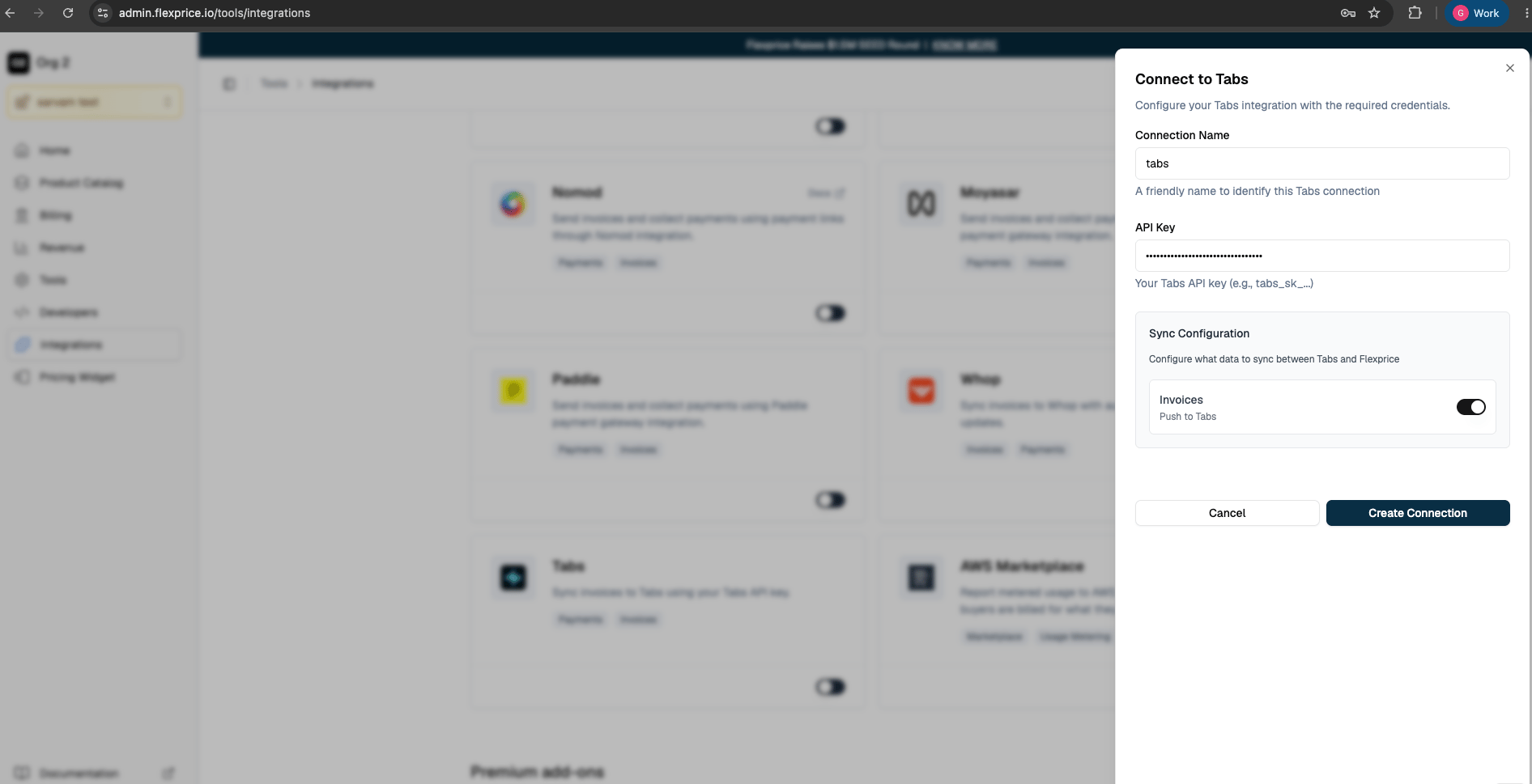 Connect to Tabs in Flexprice