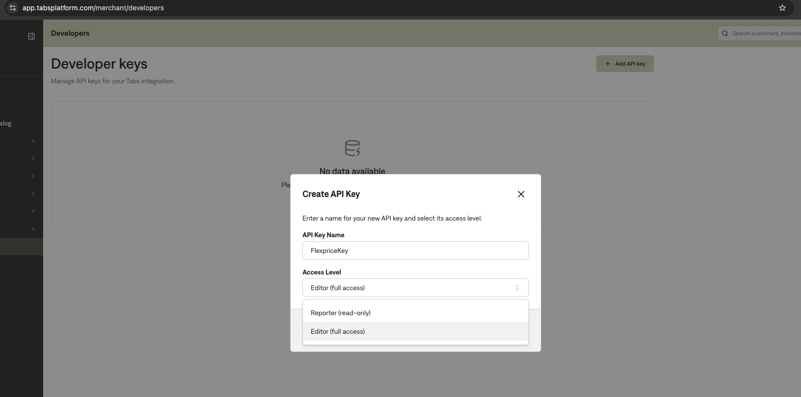 Create an API key in Tabs