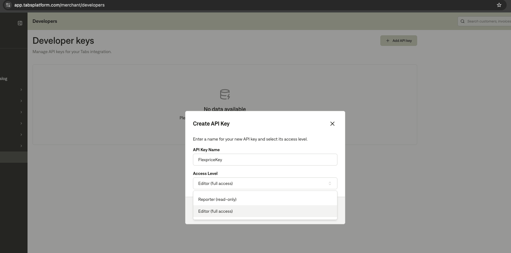 Create an API key in Tabs