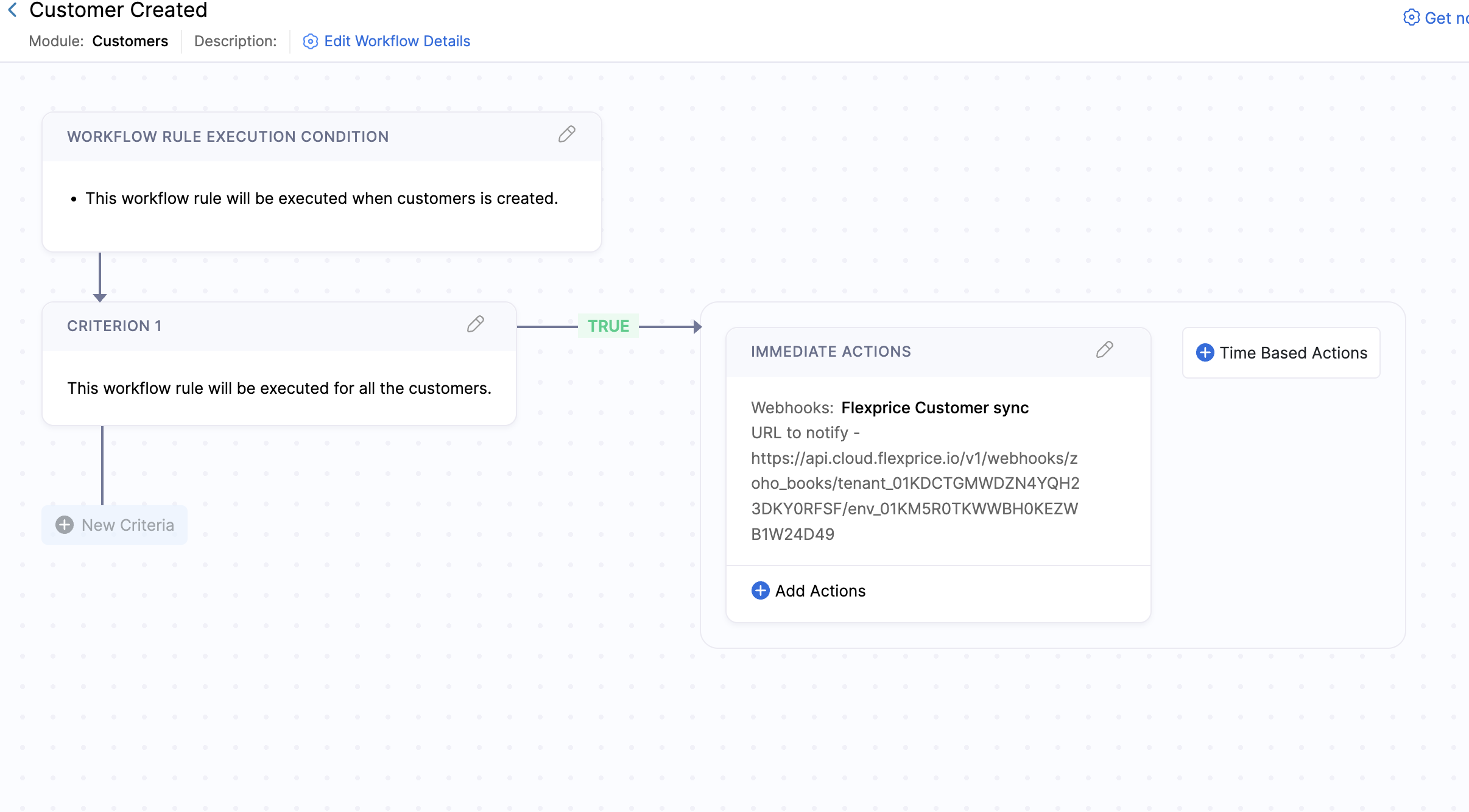 Zoho Books — Customers workflow: customer created triggers webhook to Flexprice